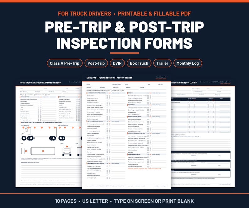 Pre-trip and post-trip inspection forms for truck drivers: fillable printable PDF with Class A pre-trip, post-trip and DVIR pages
