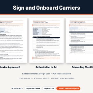 Puede incluir: Un paquete de documentos digitales titulado Sign and Onboard Carriers que incluye tres p&aacute;ginas blancas: un Dispatch Service Agreement, una Limited Authorization to Act y una Carrier Onboarding Checklist. Texto negro con acentos naranjas.