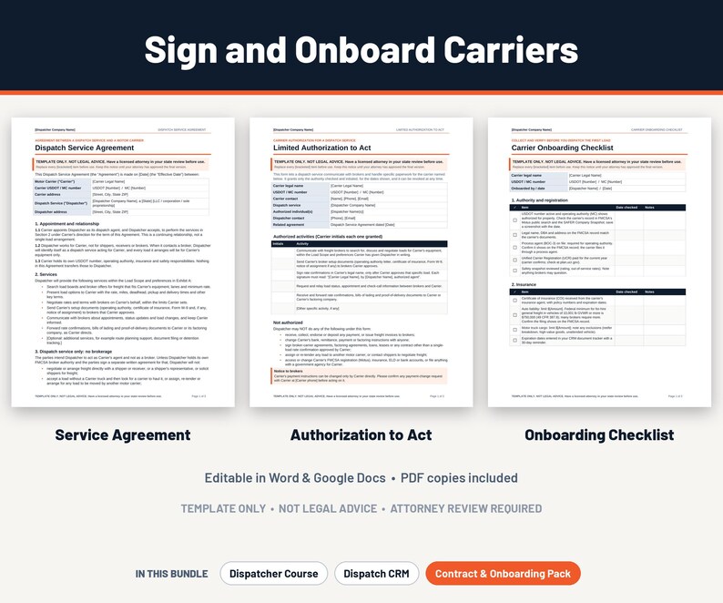 Puede incluir: Un paquete de documentos digitales titulado Sign and Onboard Carriers que incluye tres p&aacute;ginas blancas: un Dispatch Service Agreement, una Limited Authorization to Act y una Carrier Onboarding Checklist. Texto negro con acentos naranjas.