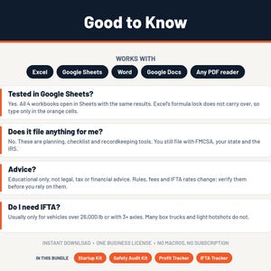 May include: An informational graphic titled Good to Know listing compatibility with Excel, Google Sheets, Word, Google Docs, and PDF readers. It includes FAQs regarding Google Sheets testing, filing, advice, and IFTA requirements, plus a bundle list.