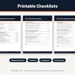 Puede incluir: Tres p&aacute;ginas de documentos imprimibles tituladas Printable Checklists, Box Truck Weight and Setup Worksheet, Box Truck Authority Checklist y Box Truck Compliance and Safety. Cada p&aacute;gina presenta listas organizadas, casillas de verificaci&oacute;n y l&iacute;neas.