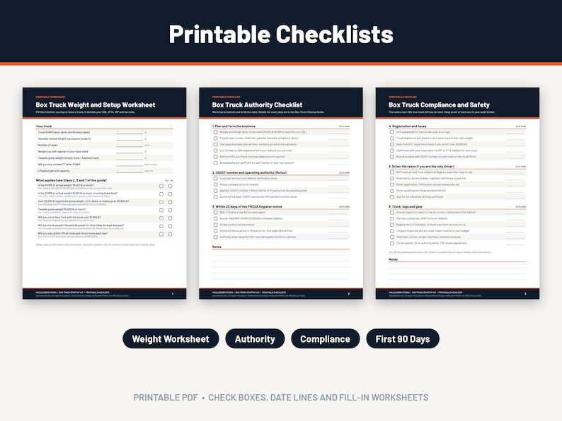 Puede incluir: Tres p&aacute;ginas de documentos imprimibles tituladas Printable Checklists, Box Truck Weight and Setup Worksheet, Box Truck Authority Checklist y Box Truck Compliance and Safety. Cada p&aacute;gina presenta listas organizadas, casillas de verificaci&oacute;n y l&iacute;neas.
