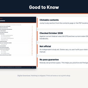 Peut inclure: Un document de guide d'&eacute;tude num&eacute;rique intitul&eacute; Good to Know, pr&eacute;sentant une table des mati&egrave;res avec des sections pour les tests pratiques CDL, des plans d'&eacute;tude et des listes de contr&ocirc;le. Le document inclut des notes sur le contenu cliquable.
