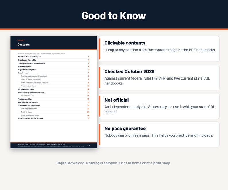 Peut inclure: Un document de guide d'&eacute;tude num&eacute;rique intitul&eacute; Good to Know, pr&eacute;sentant une table des mati&egrave;res avec des sections pour les tests pratiques CDL, des plans d'&eacute;tude et des listes de contr&ocirc;le. Le document inclut des notes sur le contenu cliquable.