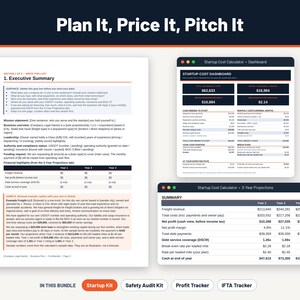 May include: A business planning document titled Plan It, Price It, Pitch It, featuring an Executive Summary template, a Startup Cost Dashboard, and a 3-Year Projections table. The bundle includes a Startup Kit, Safety Audit Kit, Profit Tracker, and IFTA Tracker.