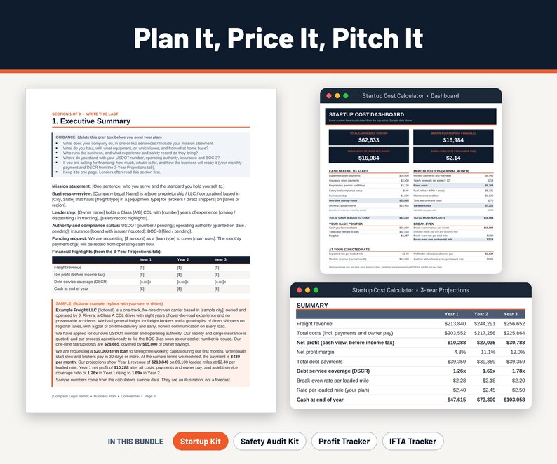 May include: A business planning document titled Plan It, Price It, Pitch It, featuring an Executive Summary template, a Startup Cost Dashboard, and a 3-Year Projections table. The bundle includes a Startup Kit, Safety Audit Kit, Profit Tracker, and IFTA Tracker.