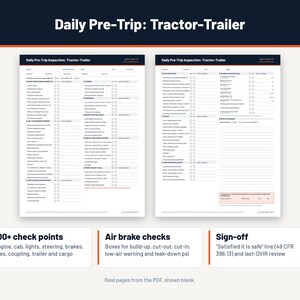 Class A tractor-trailer daily pre-trip inspection form pages with air brake checks and sign-off