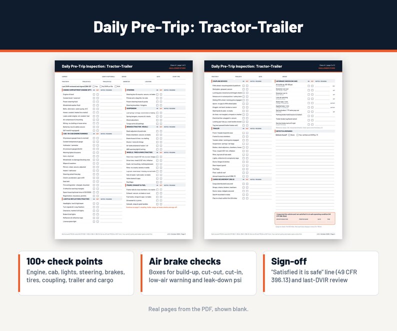 Class A tractor-trailer daily pre-trip inspection form pages with air brake checks and sign-off