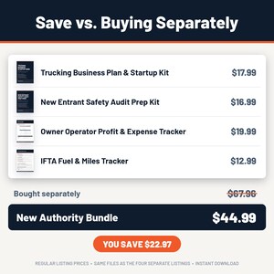 May include: A digital comparison chart titled Save vs. Buying Separately, listing four items: Trucking Business Plan & Startup Kit, New Entrant Safety Audit Prep Kit, Owner Operator Profit & Expense Tracker, and IFTA Fuel & Miles Tracker in a bundle.