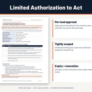 Pu&ograve; includere: Un documento intitolato Limited Authorization to Act per servizi di spedizione, con sezioni per il nome legale del vettore, numeri USDOT/MC e attivit&agrave; autorizzate. Include dettagli sull'approvazione per carico e sulla revoca del mandato.