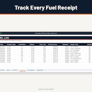 K&ouml;nnte beinhalten: Eine digitale Tabellenkalkulation mit dem Titel Track Every Fuel Receipt, die ein Kraftstoffprotokoll mit Spalten f&uuml;r Datum, Beleg, Zust&auml;ndigkeit, Gallonen, Preis pro Gallone, Gesamtkosten, Kilometerstand und Anbieter anzeigt.