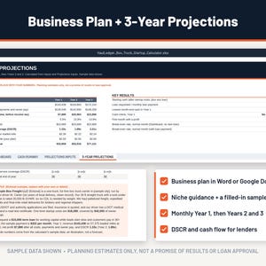 Puede incluir: Una plantilla de hoja de c&aacute;lculo digital para planes de negocio y proyecciones financieras a 3 a&ntilde;os. La interfaz muestra tablas de resumen, resultados clave y datos de muestra para una empresa de transporte, con secciones de texto descriptivo.