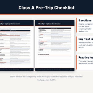 Peut inclure: Un document de liste de contr&ocirc;le pr&eacute;-trajet de classe A pr&eacute;sentant deux pages d'&eacute;tapes d'inspection. La mise en page comprend des colonnes pour les v&eacute;rifications et les points &agrave; examiner, organis&eacute;es en 8 sections. Des encadr&eacute;s mettent en &eacute;vidence les 8 sections, les instructions &agrave; dire &agrave; voix haute et un journal de pratique pour suivre les progr&egrave;s.