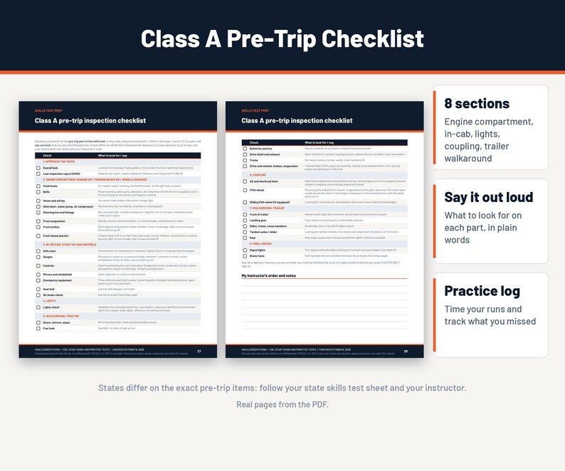 Peut inclure: Un document de liste de contr&ocirc;le pr&eacute;-trajet de classe A pr&eacute;sentant deux pages d'&eacute;tapes d'inspection. La mise en page comprend des colonnes pour les v&eacute;rifications et les points &agrave; examiner, organis&eacute;es en 8 sections. Des encadr&eacute;s mettent en &eacute;vidence les 8 sections, les instructions &agrave; dire &agrave; voix haute et un journal de pratique pour suivre les progr&egrave;s.