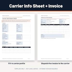 Pu&ograve; includere: Un documento modello digitale di due pagine intitolato Carrier Info Sheet + Invoice. La pagina sinistra &egrave; una scheda informativa del vettore con campi per azienda, assicurazione, pagamento e attrezzatura. La pagina destra &egrave; una fattura per le spese di spedizione.