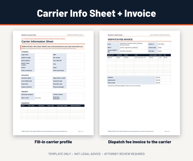 Pu&ograve; includere: Un documento modello digitale di due pagine intitolato Carrier Info Sheet + Invoice. La pagina sinistra &egrave; una scheda informativa del vettore con campi per azienda, assicurazione, pagamento e attrezzatura. La pagina destra &egrave; una fattura per le spese di spedizione.
