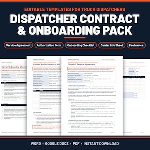 Pu&ograve; includere: Un set di documenti digitali intitolato Editable Templates for Truck Dispatchers Dispatcher Contract & Onboarding Pack. Include una lista di controllo per l'onboarding, un'autorizzazione limitata, un contratto di servizio e una fattura.