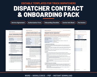 Puede incluir: Un conjunto de documentos digitales titulado Editable Templates for Truck Dispatchers Dispatcher Contract & Onboarding Pack. Incluye una lista de verificación de incorporación, autorización limitada, contrato de servicio y factura.