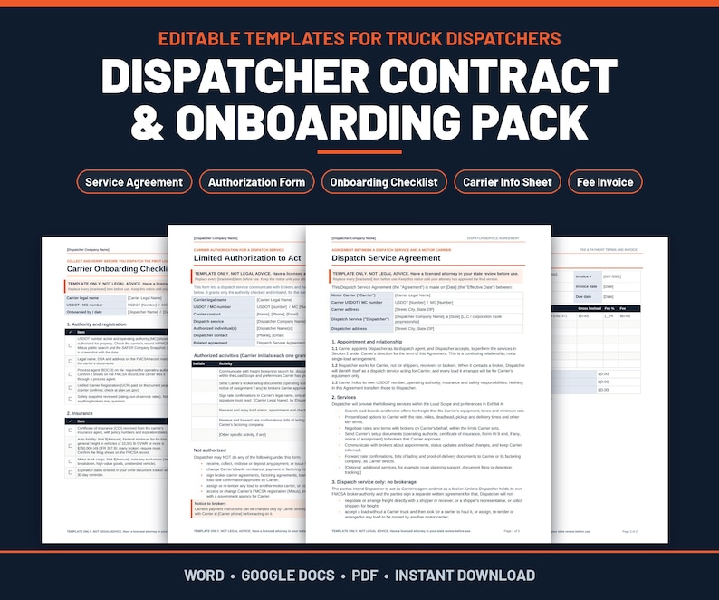 Pu&ograve; includere: Un set di documenti digitali intitolato Editable Templates for Truck Dispatchers Dispatcher Contract & Onboarding Pack. Include una lista di controllo per l'onboarding, un'autorizzazione limitata, un contratto di servizio e una fattura.