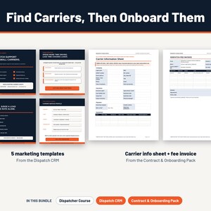 Puede incluir: Un paquete digital con cinco plantillas de marketing de un CRM de despacho, una hoja de informaci&oacute;n del transportista y una factura de tarifas de despacho de un paquete de contratos. El texto incluye Find Carriers, Then Onboard Them, Dispatch Support y Carrier Service Profile.