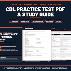 CDL practice test PDF and study guide cover with a General Knowledge test page and Class A pre-trip checklist