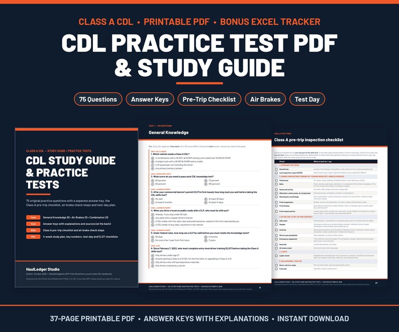 CDL practice test PDF and study guide cover with a General Knowledge test page and Class A pre-trip checklist