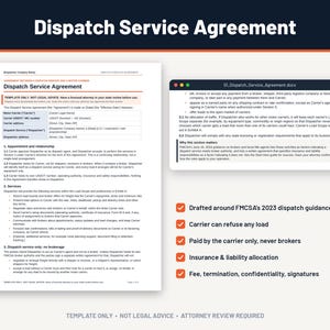Pu&ograve; includere: Un modello di documento Dispatch Service Agreement con una pagina bianca con testo nero, un'intestazione intitolata Dispatch Service Agreement e una finestra scura che mostra un documento digitale. Cinque segni di spunta arancioni elencano le funzioni.