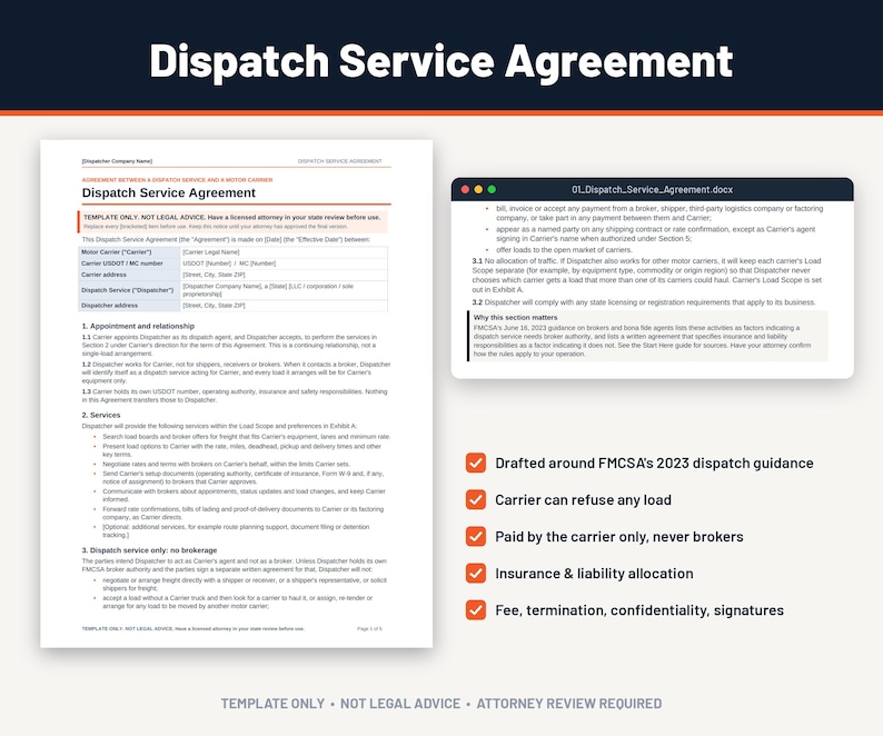 Pu&ograve; includere: Un modello di documento Dispatch Service Agreement con una pagina bianca con testo nero, un'intestazione intitolata Dispatch Service Agreement e una finestra scura che mostra un documento digitale. Cinque segni di spunta arancioni elencano le funzioni.
