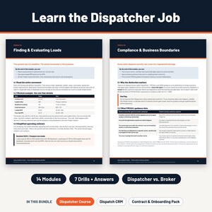 Two real pages from the truck dispatcher course, load evaluation and dispatcher vs. broker, with a strip showing all three products in the truck dispatcher bundle.
