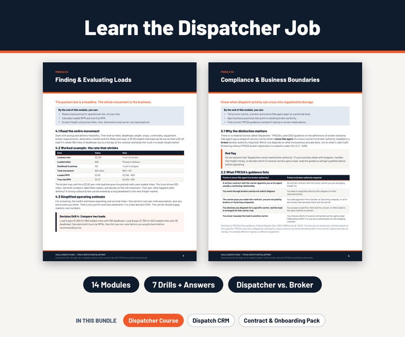 Two real pages from the truck dispatcher course, load evaluation and dispatcher vs. broker, with a strip showing all three products in the truck dispatcher bundle.