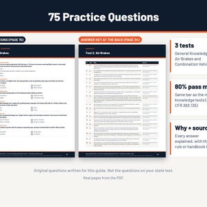 CDL air brakes practice test page beside its answer key with explanations