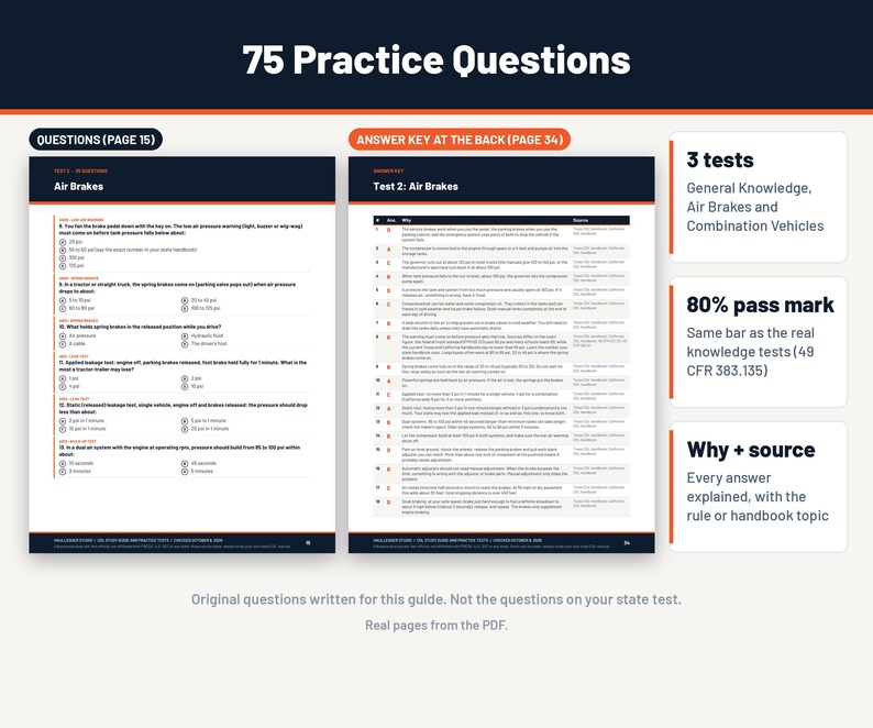 CDL air brakes practice test page beside its answer key with explanations