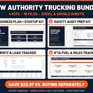 New Authority Trucking Bundle, 4 kits and 16 files for Excel and Google Sheets: real Startup Guide cover and startup cost dashboard, Safety Audit guide and tracker, profit tracker dashboard and IFTA quarterly dashboard; save $22.97 vs buying separately.
