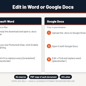 Pu&ograve; includere: Un grafico di istruzioni intitolato Edit in Word or Google Docs. Fornisce passaggi numerati per Microsoft Word, inclusa la decompressione dei file e l'uso di Ctrl+H, e per Google Docs tramite Google Drive. Le etichette in basso includono No macros, PDF copy e US Letter.