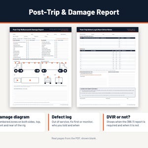 Peut inclure: Un formulaire de rapport de fin de trajet et de dommages en deux pages comprenant un rapport de tour de v&eacute;hicule avec des sch&eacute;mas de camion et une section de journal des d&eacute;fauts et notes pour le conducteur suivant, avec des cases &agrave; cocher et des zones num&eacute;rot&eacute;es.