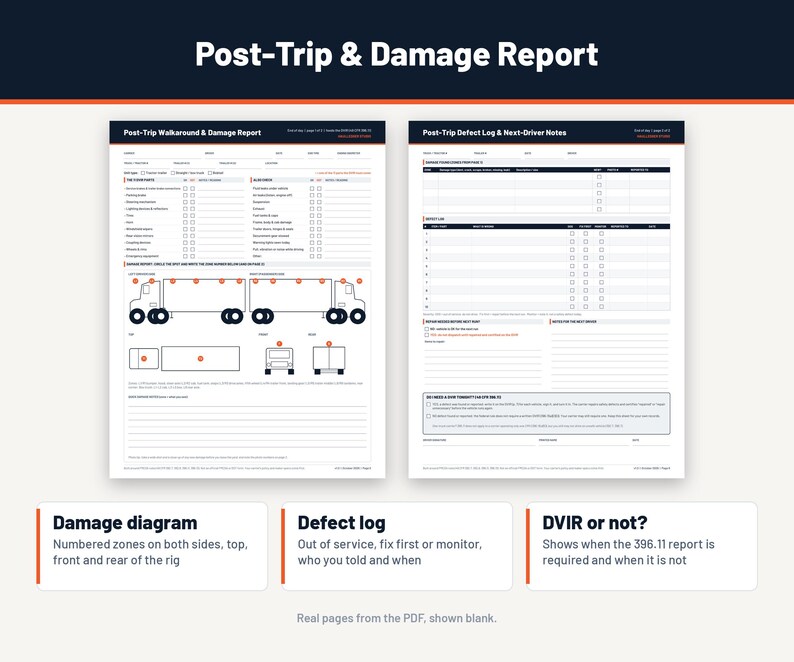 Peut inclure: Un formulaire de rapport de fin de trajet et de dommages en deux pages comprenant un rapport de tour de v&eacute;hicule avec des sch&eacute;mas de camion et une section de journal des d&eacute;fauts et notes pour le conducteur suivant, avec des cases &agrave; cocher et des zones num&eacute;rot&eacute;es.
