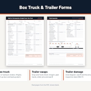 Peut inclure: Deux formulaires imprim&eacute;s blancs intitul&eacute;s Box Truck & Trailer Forms, comprenant une inspection quotidienne avant trajet pour camion et une inspection de remorque. Les documents incluent des listes de contr&ocirc;le, des sch&eacute;mas et des notes.