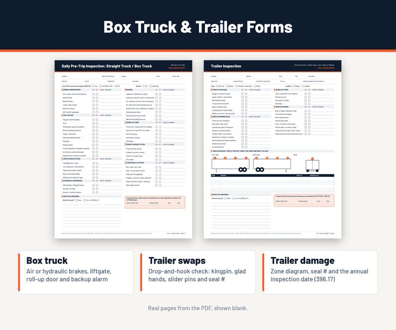 Peut inclure: Deux formulaires imprim&eacute;s blancs intitul&eacute;s Box Truck & Trailer Forms, comprenant une inspection quotidienne avant trajet pour camion et une inspection de remorque. Les documents incluent des listes de contr&ocirc;le, des sch&eacute;mas et des notes.