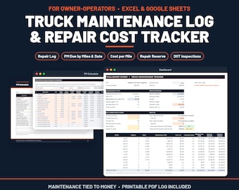 Truck Maintenance Log Template, Semi Truck Repair Tracker, PM Schedule, Cost Per Mile, Excel & Google Sheets