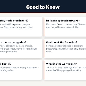 May include: An informational graphic titled Good to Know featuring six white rectangular boxes with orange borders. The text details software requirements, expense categories, file usage, and support for a digital expense tracking workbook.