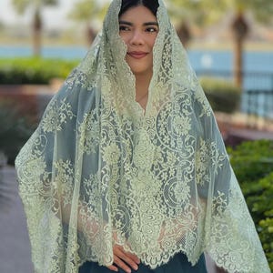 May include: A light sage green lace head covering featuring an intricate floral pattern with scalloped edges. The sheer fabric drapes over the head and shoulders, showcasing a detailed mesh design with embroidered flower motifs throughout the textile.