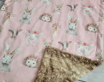 Floral Baby Animals Baby Blanket, Girl Minky Blanket, Baby Shower Gift, Personalized Baby Blanket, Adult Minky Blanket