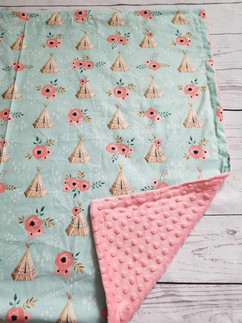 Carseat Baby Blanket Cotton Coral Mint Gold Floral Minky backing 19 colors Carseat Blanket Crib Blanket Minky Blanket