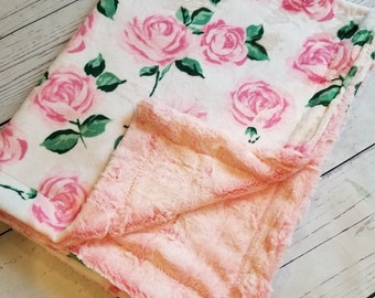 Pink Floral Roses Baby Blanket, Girl Minky Blanket, Baby Shower Gift, Personalized Baby Blanket