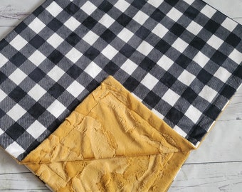 Black Plaid and Mustard Minky Blanket, Newborn Baby Gift, Personalized Minky Blanket, Adult Minky Blanket, Baby Nursery
