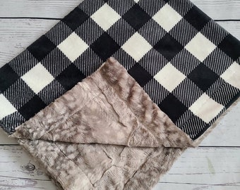 Plaid and Grey Fawn Minky Blanket, Boy Minky Blanket, Baby Shower Gift, Newborn Gift