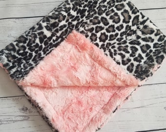 Snow Cheetah Blossom Baby Blanket, Girl Minky Blanket, Baby Shower Gift, Personalized Baby Blanket