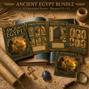 May include: An Ancient Egypt bundle featuring 10 educational posters in English and Spanish. The posters display illustrations of pharaohs, hieroglyphs, and gods, with text titles like Ancient Egypt, Famous Pharaohs, and Antiguo Egipto.