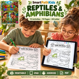 Może przedstawiać: Cyfrowa książka z ćwiczeniami pod tytułem Reptiles & Amphibians od SmartPathKids zawierająca 13 zadań i 15 stron w formacie US Letter. Plik PDF do druku zawiera kolorowanki z rysunkami liniowymi żaby, węża, żółwia i jaszczurki w ich środowisku.
