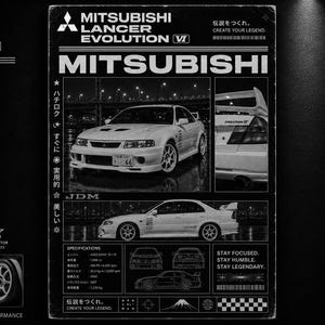 May include: A black and white poster featuring the Mitsubishi Lancer Evolution VI. The design includes multiple photographs of the car, technical specifications, and text such as Mitsubishi Lancer Evolution VI, The Legend Lives On, and Stay Focused.